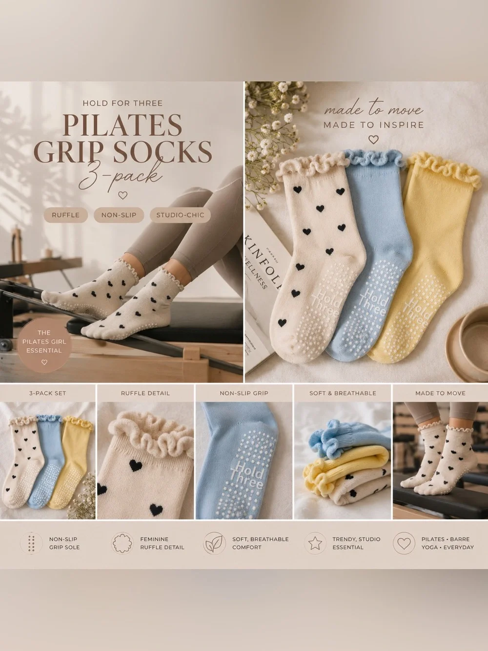 Hold for Three Ruffle Pilates Socks 3-Pack Grip Studio Chic